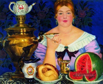  trinken Kunst - mercahnt frau trinken Tee 1923 Boris Mikhailovich Kustodiev